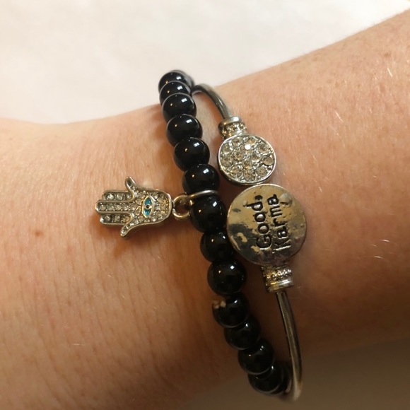 Good Karma Black Bead Stretch Bracelet & Hamsa Hand Charm Set - Picture 3 of 3